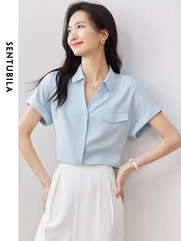 SENTUBILA 2024 Summer Button Up Business Lady Sweet Shirt Women\'s Short Sleeve Straight Blouse New Fake Pocket Design 132C49859