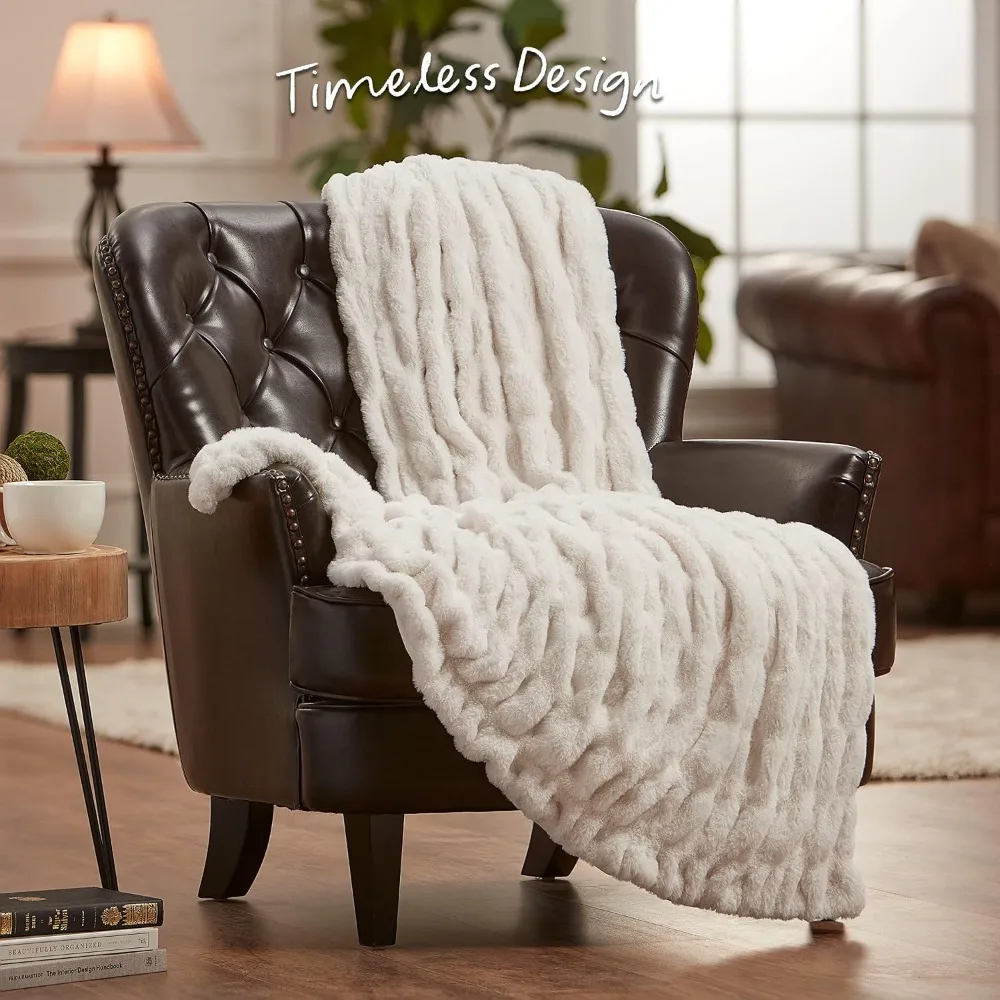 Chanasya Ruched Faux Fur Throw Blanket Reversible Mink 92x85 Queen Cloud
