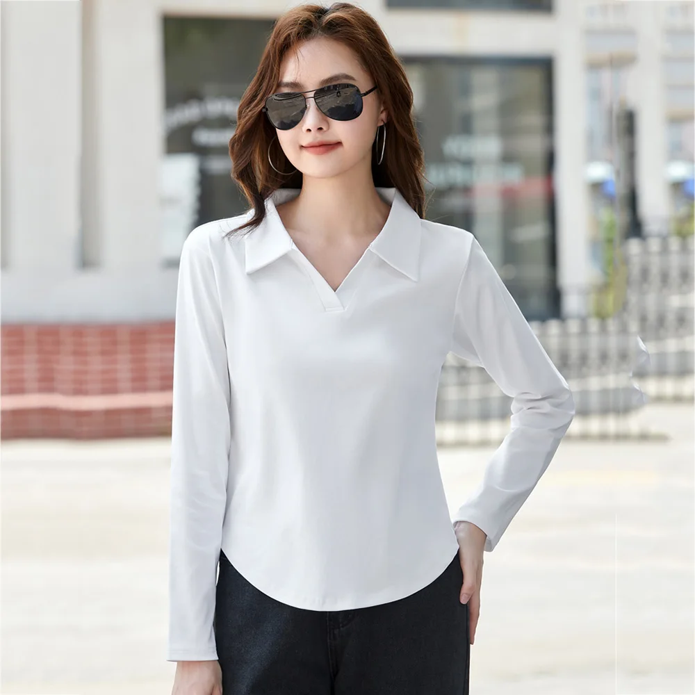 

New Women Casual Basic T-shirt Spring Autumn Fashion Turn-down Collar Long Sleeve Short Tees Simplicity Slim T-shirt Female