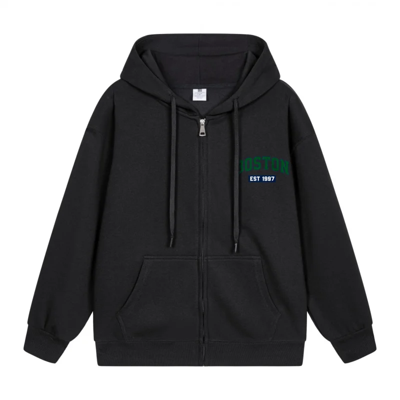 

Men's Zip-Up Hoodie Green Blue Text On Black 2025 New Style Casual Couples’ Style Couples’ Style