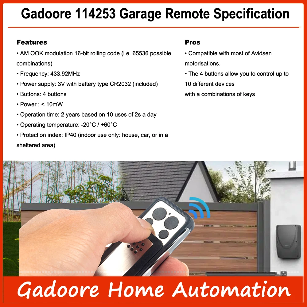 Gadoore Avidsen 114253 Garage Door Remote Compatible with 433Mhz Avidsen 114253 104257 104251 Extel Thomson Garage Control