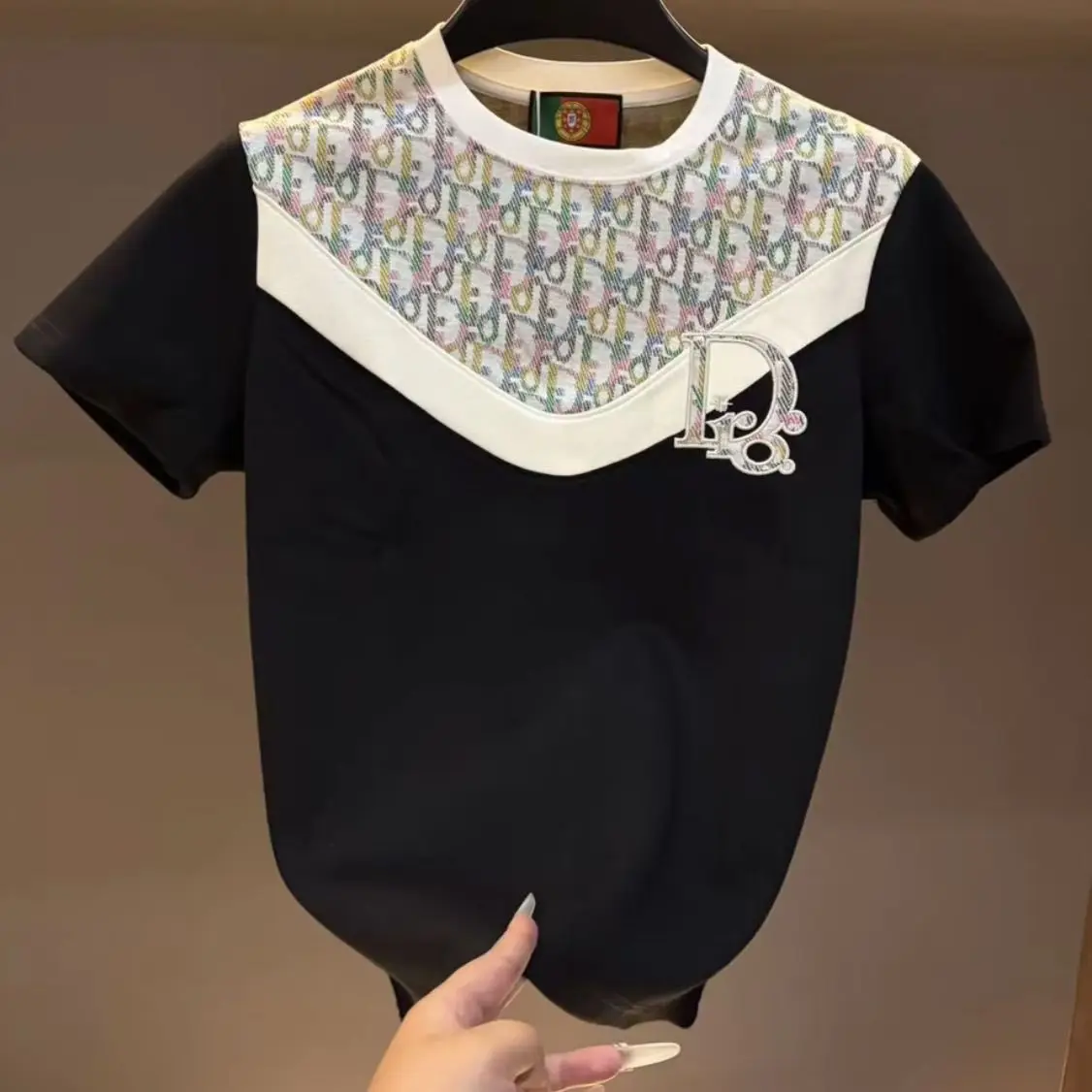 Men's Trend New 2025 Casual Fashion Letter Splicing Short Sleeve Versatile Crew Neck Embroidered T-Shirt