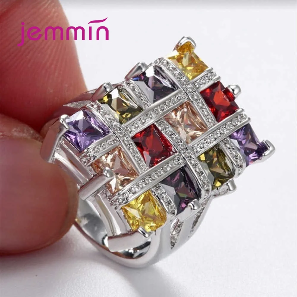 Boutique Women 925 Sterling Silver Colorful Geometric Rings Square Big Cubic Zircon Romantic Promise Engagement Jewelry