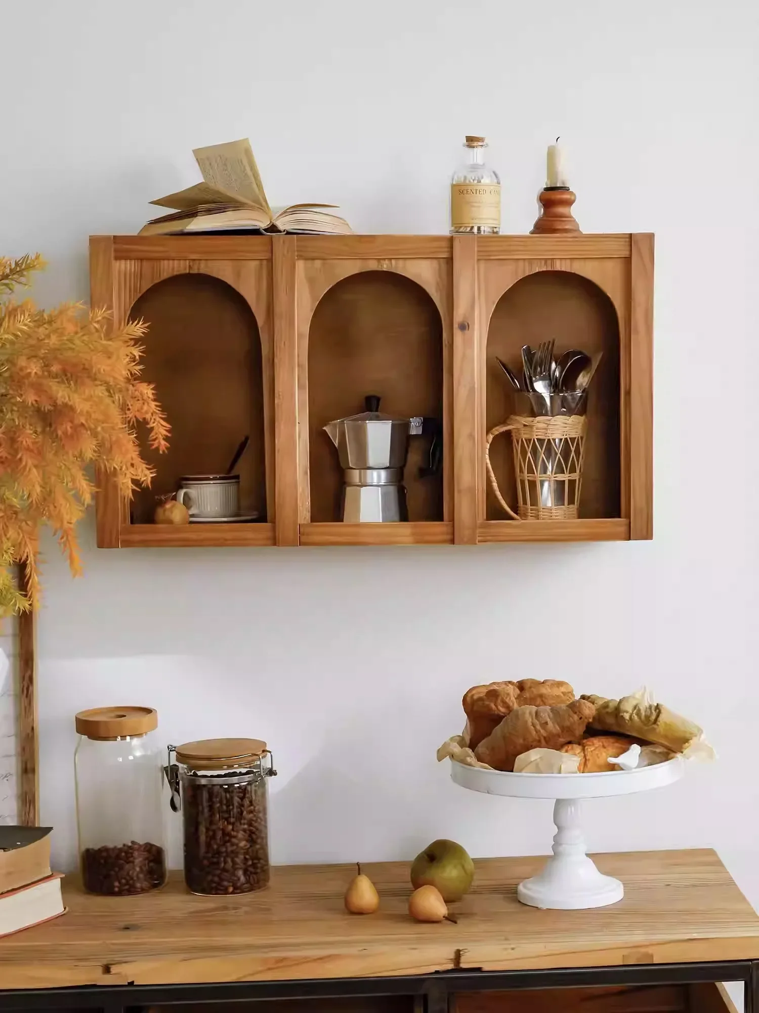 Vintage Wooden Wall Shelf, Arched 3-Compartment Display, Wall-Mounted Organizer, Rustic Home Decor