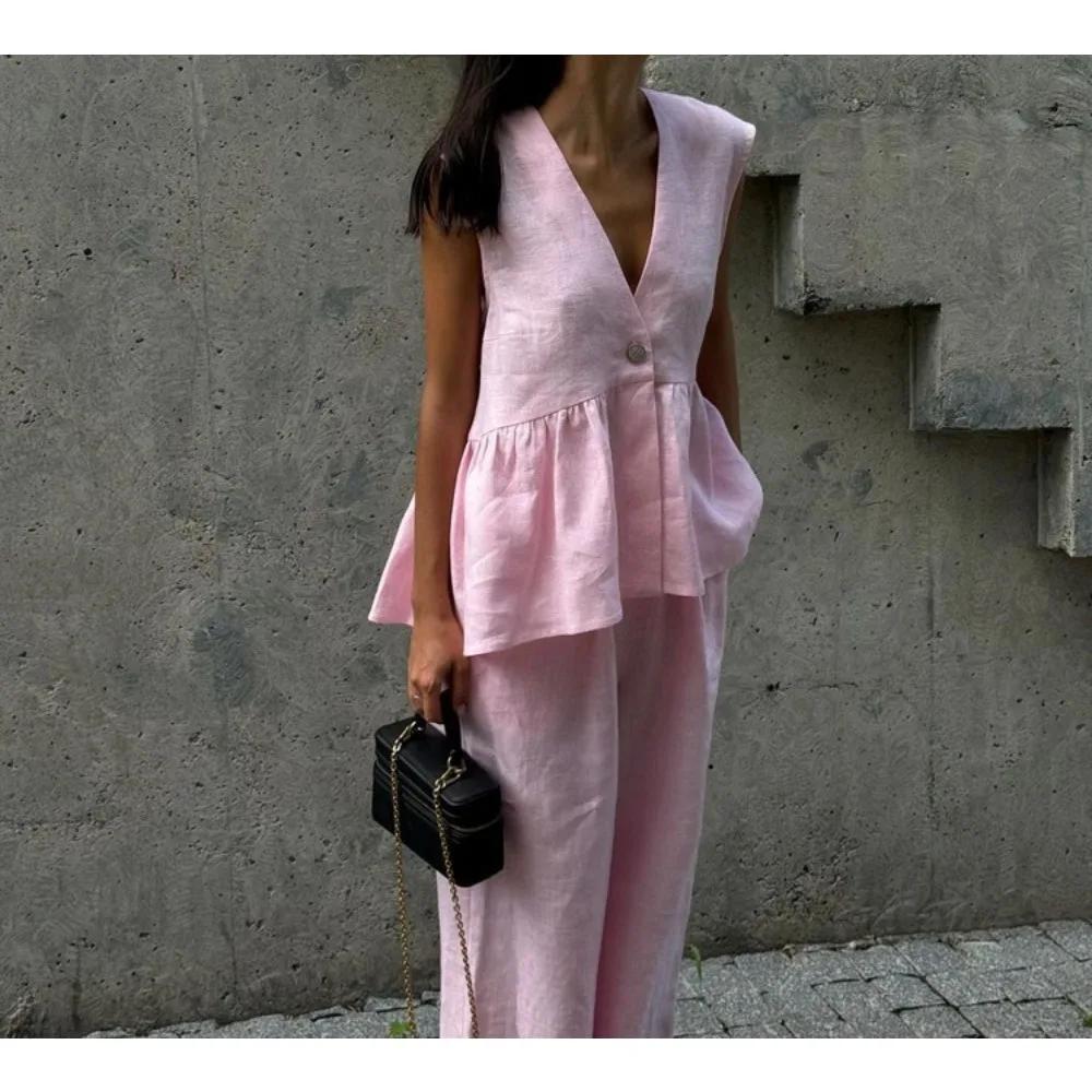 

2025 New Women V-Neck Sleeveless Top Vest Trousers Suit Two Peice Sets Women Summer Spring Pure Color Vest + Pant Two-Piece Suit