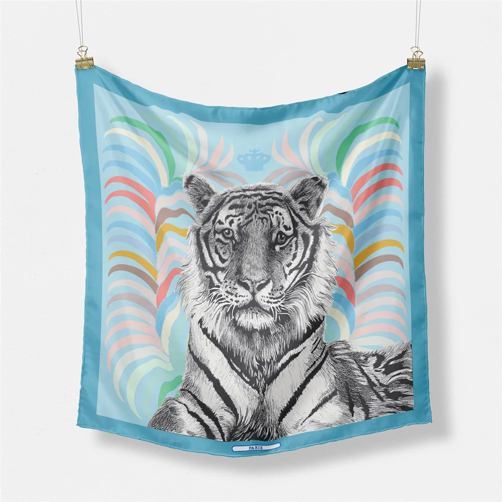 Twill-Seidenschal für Damen, indischer Tiger-Druck, quadratische Schals, Wickel, Bandana, kleine Hijabs, Seidenfoulards, Krawatte, Stirnband, Halstuch, 53 cm – Detail 15