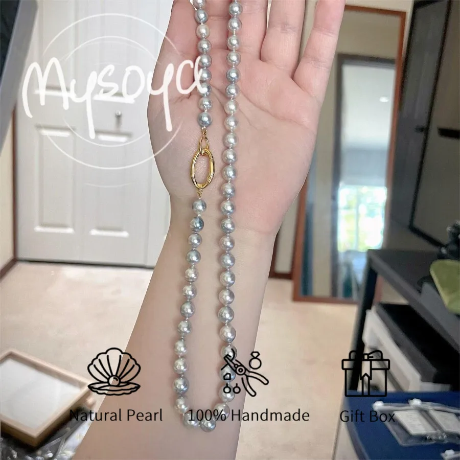 

MYSOYA 7,5-8 мм японское ожерелье с серым жемчугом Акойя для женщин и мужчин, подарочная коробка, идеальный подарок на свадьбу, день рождения, Рождество, Новый год
