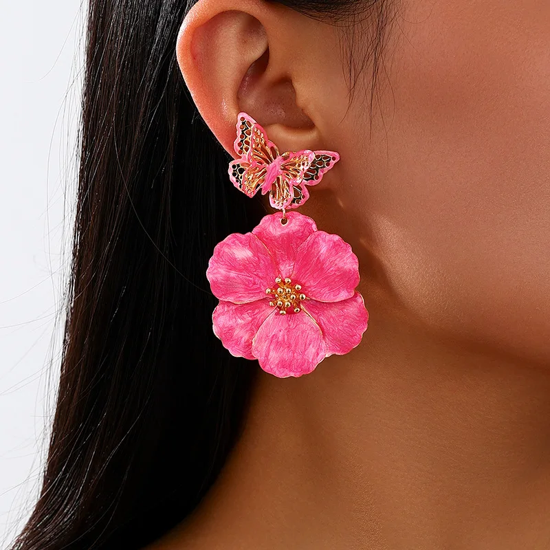 Exaggerated Holiday Wedding Metal Rose Red Flower Butterfly Earrings Women's Temperament Versatile Senior Elegance 5E183