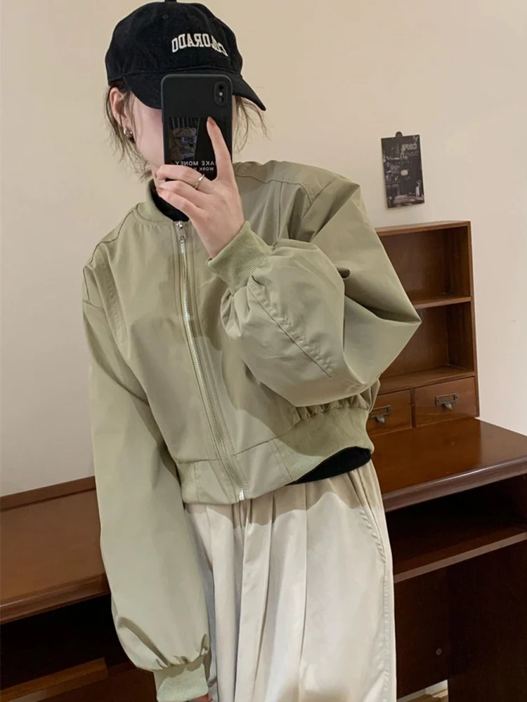 

Jmprs осенняя укороченная бейсбольная куртка женская тонкая в консервативном стиле с длинным рукавом винтажное короткое пальто корейское с круглым вырезом повседневные простые однотонные топы