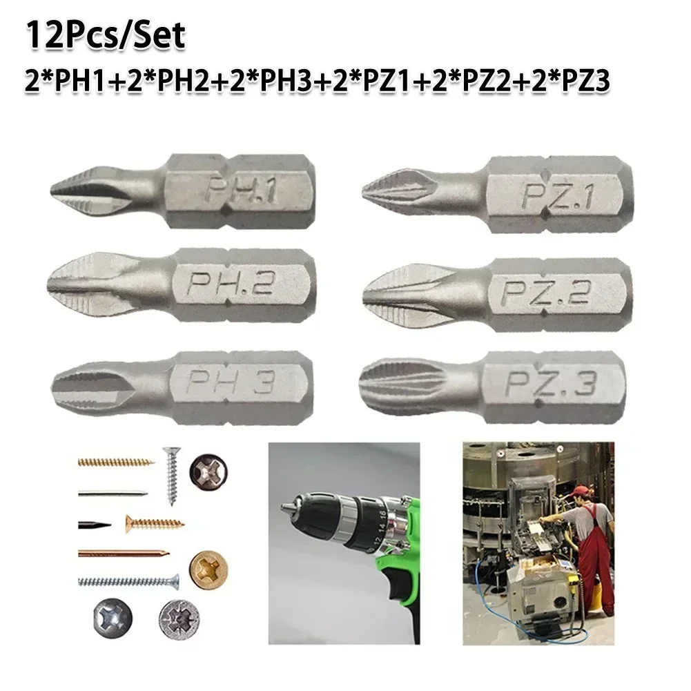 12 PCS/Lot 25mm Cross Bits Set Hex Shanked Anti Slip Screwdriver Bits Magnetic Non-Slip Drill Batch Head PH1/PH2/PH3/PZ1/PZ2/PZ3