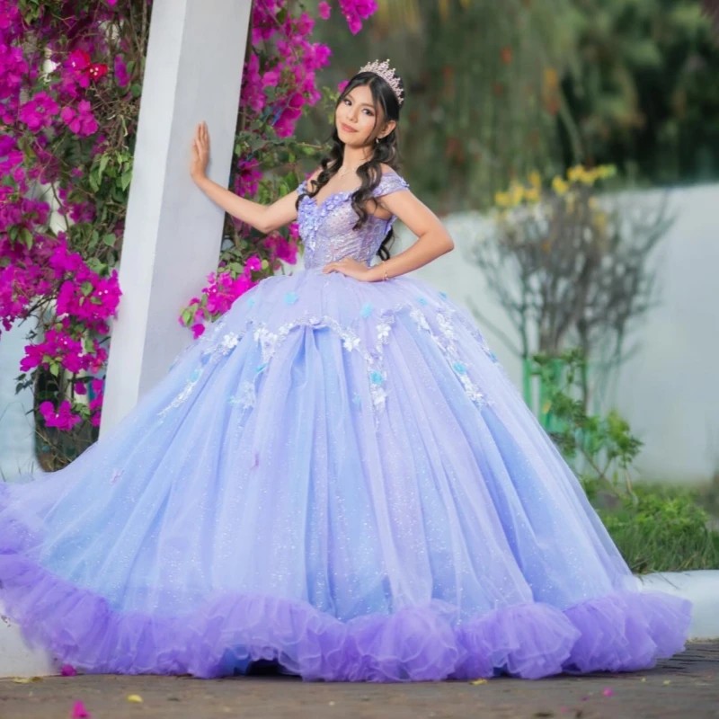 

Lavender Shiny Ball Gown Quinceanera Dresses Applique Lace Beading Sky Blue Lining Corset Off Shoulder Sweet 16 Dress vestidos