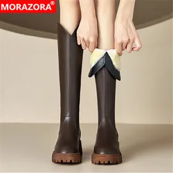 MORAZORA 2024 New Ladies Knee High Boots Platform Microfiber Winter Boots Woman Top Sale Thick Plush Snow Boots