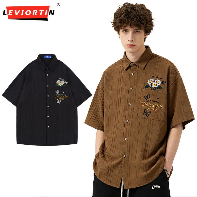 

Vintage Butterfly Floral Embroidery Short Sleeve Shirt, Summer Casual Loose Fit Button Down Half Sleeve Tops for Men Women