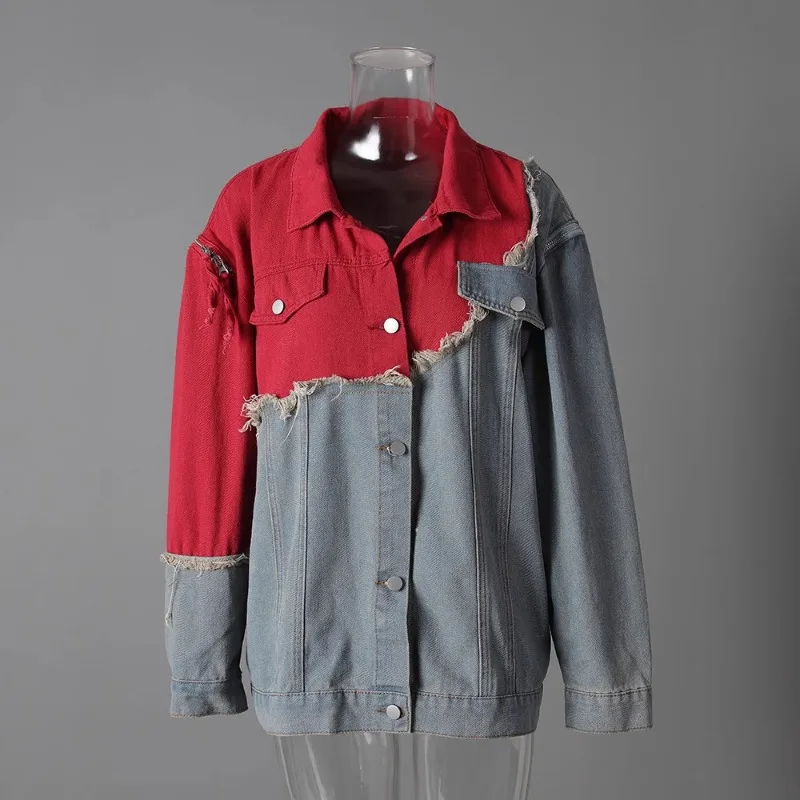 

Women's Autumn Spring Top Coat Denim Patchwork Fake Two-Piece Contrasting Colors Holes Retro Simple Comfortable Casual Design