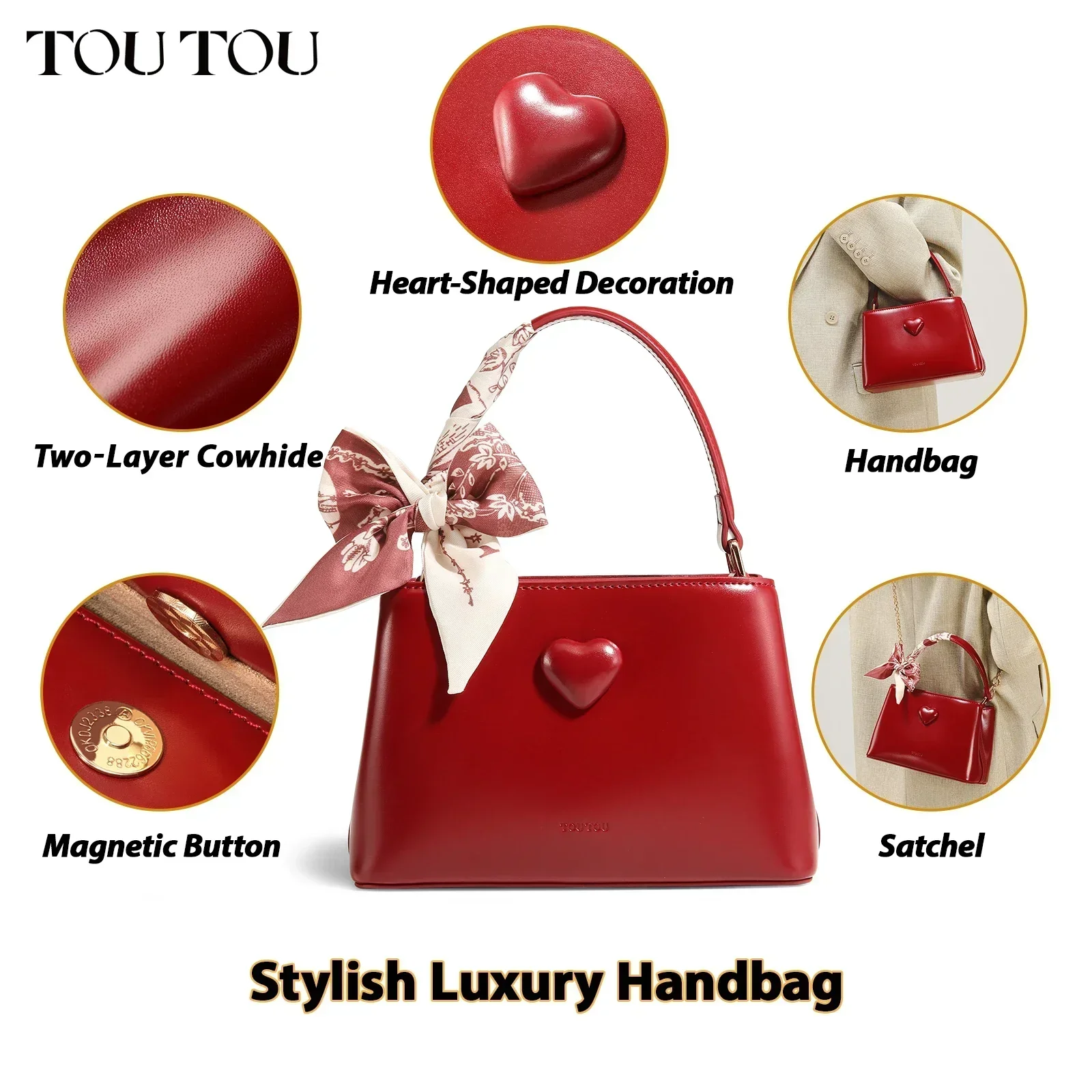 TOUTOU Women Handbag Cowhide Small Handheld Wedding Bag Bride Daily Commuting Love One Shoulder Crossbody Red Bag Valentine Gift