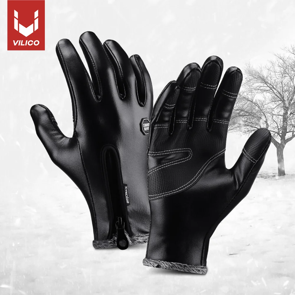 Vilico Winter Outdoor Sports Skiing Riding Gloves Velvet Leather Thicken Warm Waterproof Touch Screen Gloves Hiking Climb Gloves