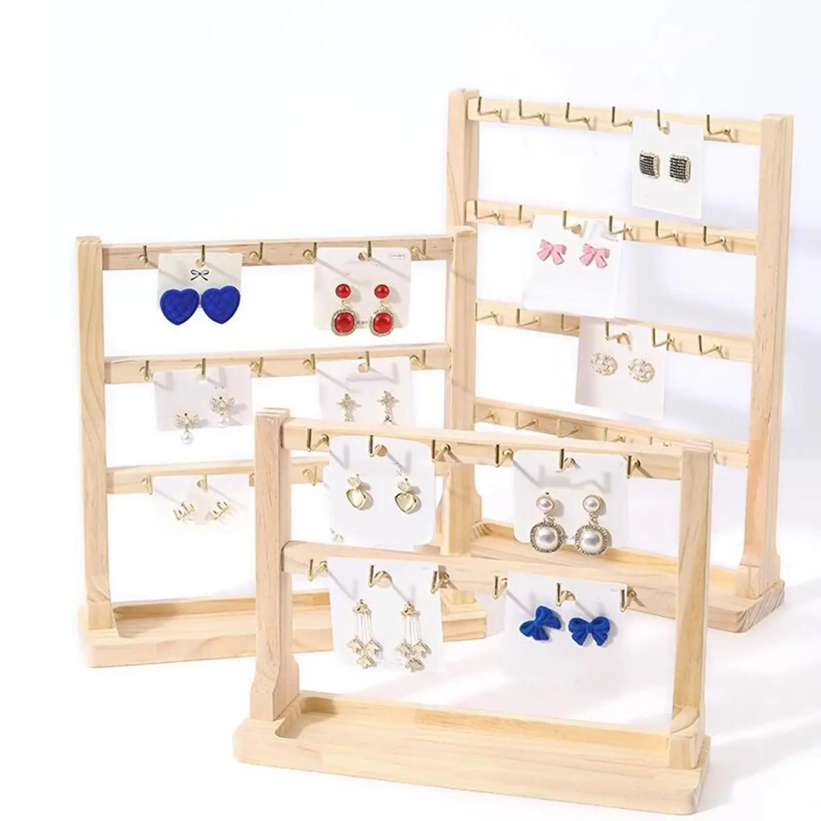 Wooden Jewelry Organizer Multi Tier with Ear Studs Tray and Stable Base for Bracelets Necklaces Rings Earrings Display Rack