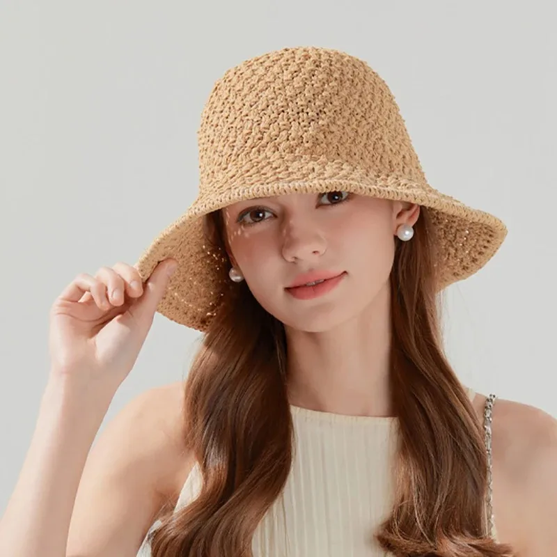 

Women Hand-Woven Sun Hat Breathable Portable Straw Bucket Hats for Young Adults Girls Casual Uv Protection Outdoor Beach Hats