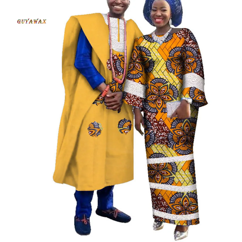 

Traditional Women Ankara Long Mermaid Dresses Match Men Outfits Print Unique Robe African Couple Wear Clothes Fashion Wedding