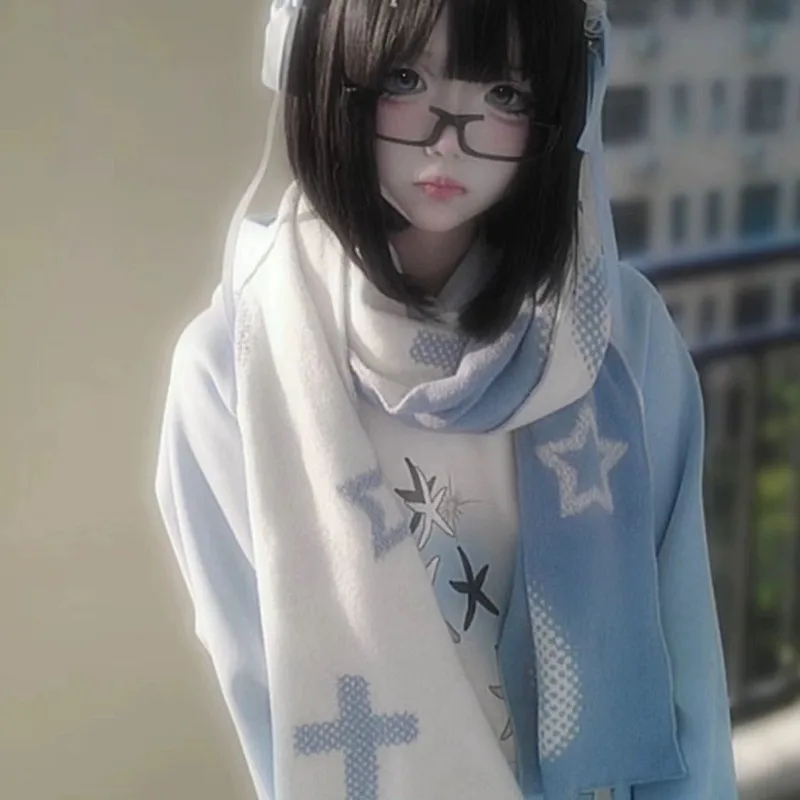 

Japanese Subculture Star Printed Scarfs Winter Y2k Blue and White Contrast Scarf Women's Fashion Kawaii Cosplay Harajuku Scarves
