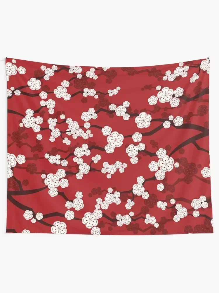 White Oriental Cherry Blossoms On Red | Zen Japanese Sakura Flowers ? fatfatin Tapestry Wall Deco Tapestry