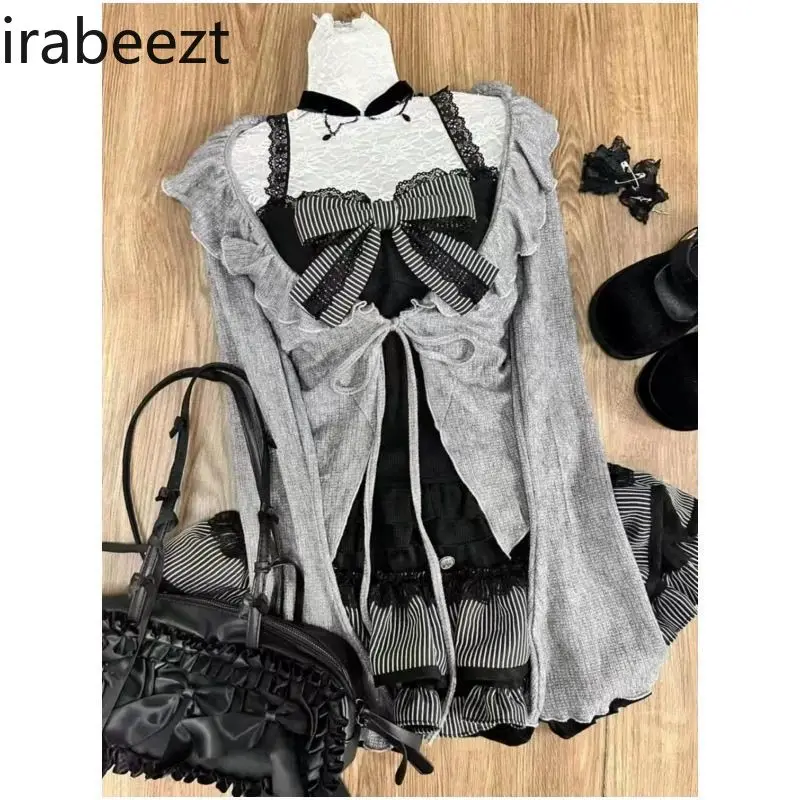 Spring Sweet College Suit Gray Black Lace Ruffle Cardigan Slimming Splicing Suspender and Skirt Three-piece Set