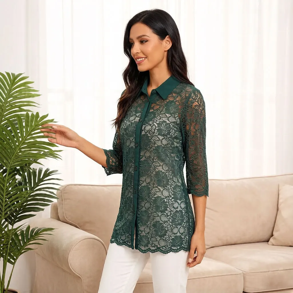 Women Green Lace Shirt Dress Floral Crochet Blouse with Contrast Collar Bell Sleeve Casual Loose Fit Elegant Tunic Top view 6
