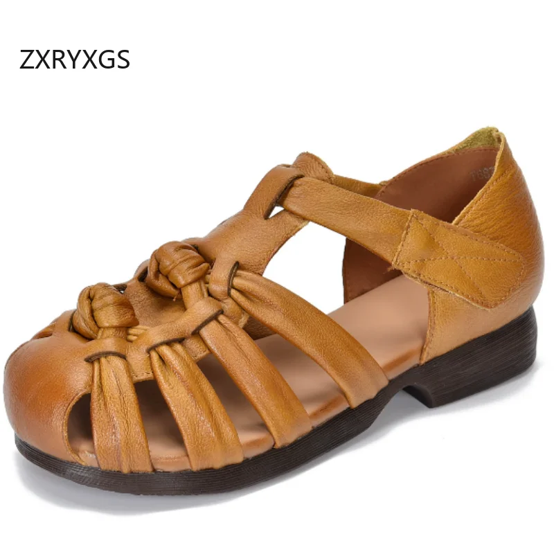

ZXRYXGS Top Layer Cowhide Low Heel Roman Sandals 2026 Classic Retro Summer Round Toe Woven Hollow Real Leather Sandals for Women