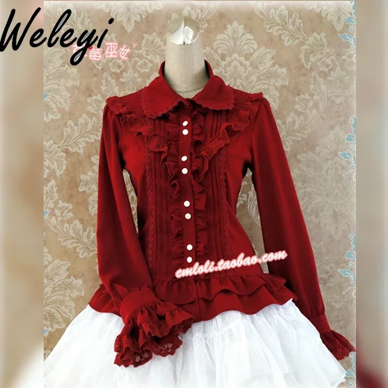 Lolita Jirai Kei Ruffled Blouse Female Original Sweet Doll Collar Slimming Waist Long Sleeve Silk Linen Wine Red Shirt for Women