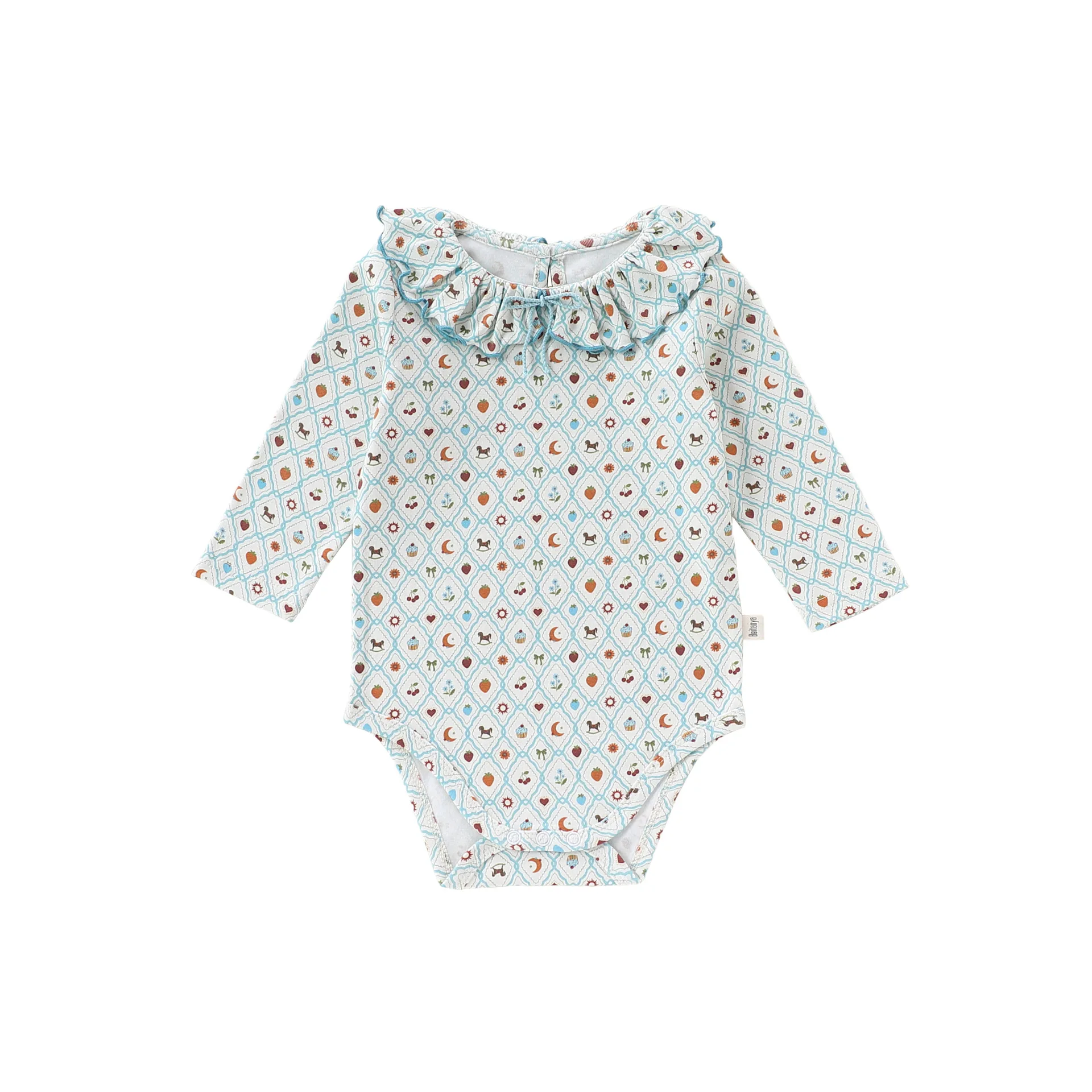 Baby Girls Pure Cotton Bodysuit Newborn Cute Print Long Sleeve Bow Ruffle Neck Onesie Infant One-piece Rompers Toddler Clothing 3