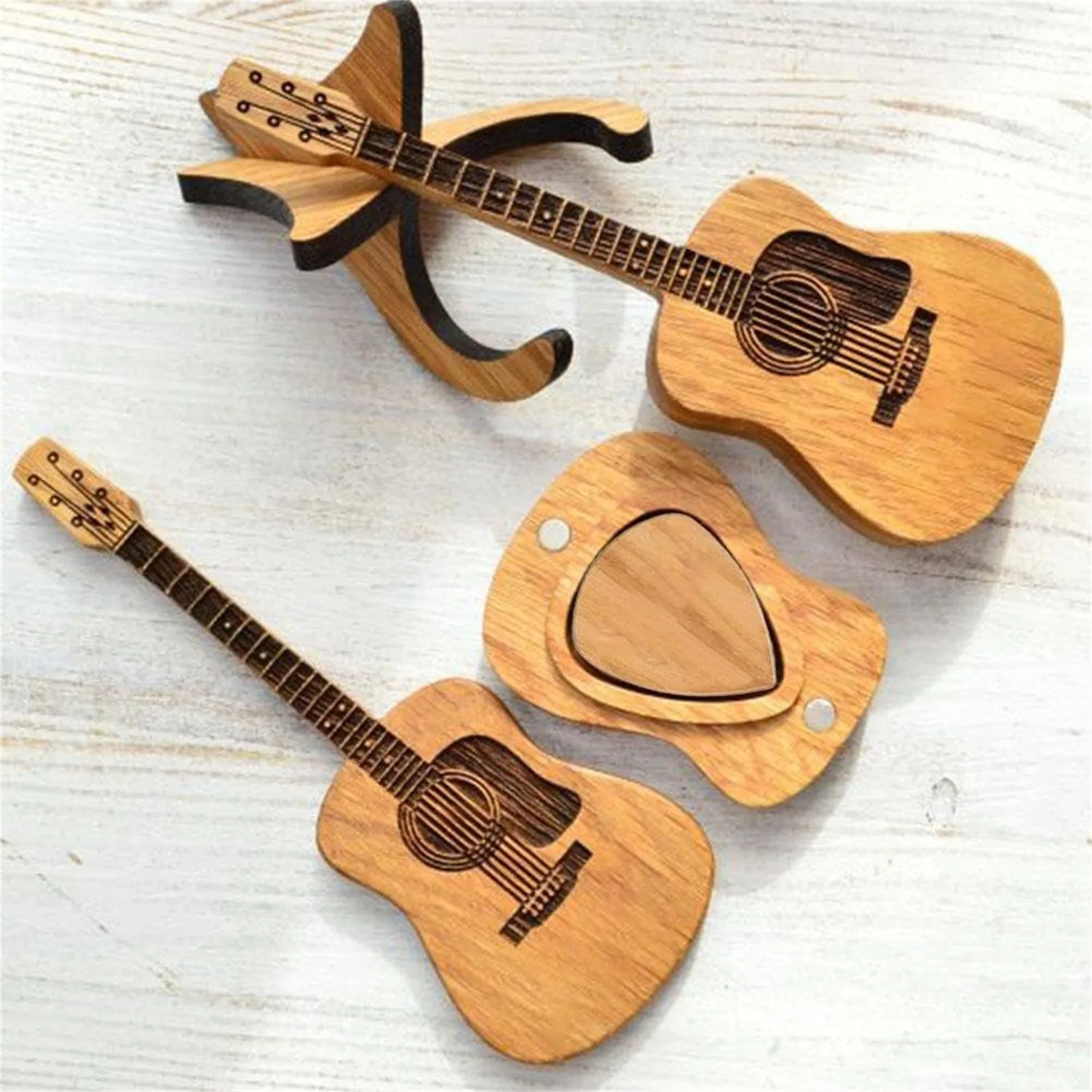 Holz-Pickbox für Akustikgitarre mit Ständer und 3-teiligen Plektren, gravierter Gitarren-Picks-Halter, Retro-Koffer, Musik-Geschenk-Plektrum-Koffer