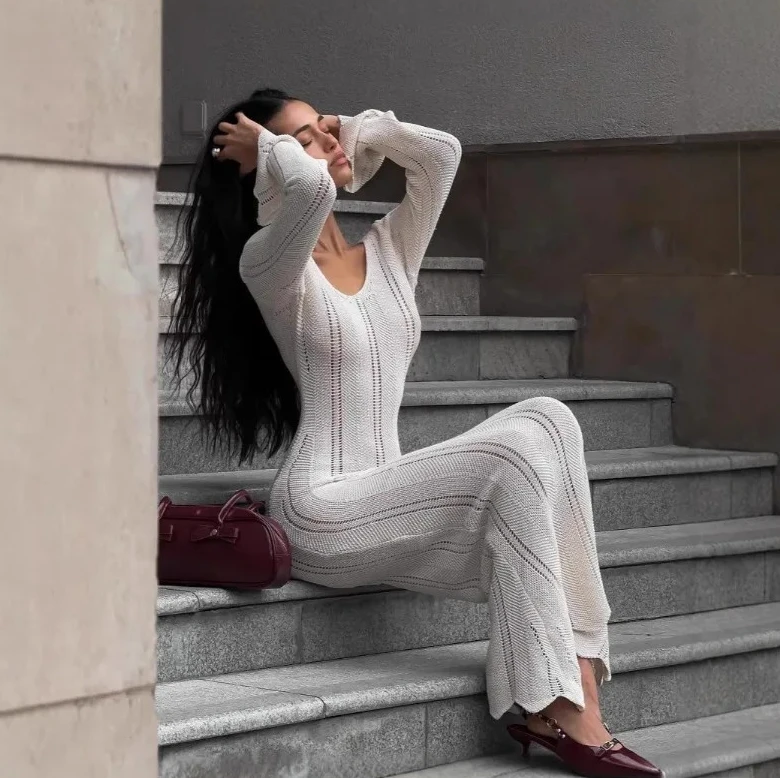 

Women's Knit Dress Bodycon V-Neck Long Sleeve Bell Sleeve Hollow Out Elegant Soft Lightweight Maxi Dress for Party Casual