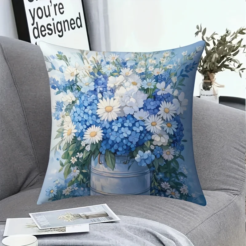 1pc Blue Floral Pillow Cover 45x45cm – Hydrangea & Daisy Bouquet in Vase, Navy & White Print, Polyester Zipper, Machine Washable