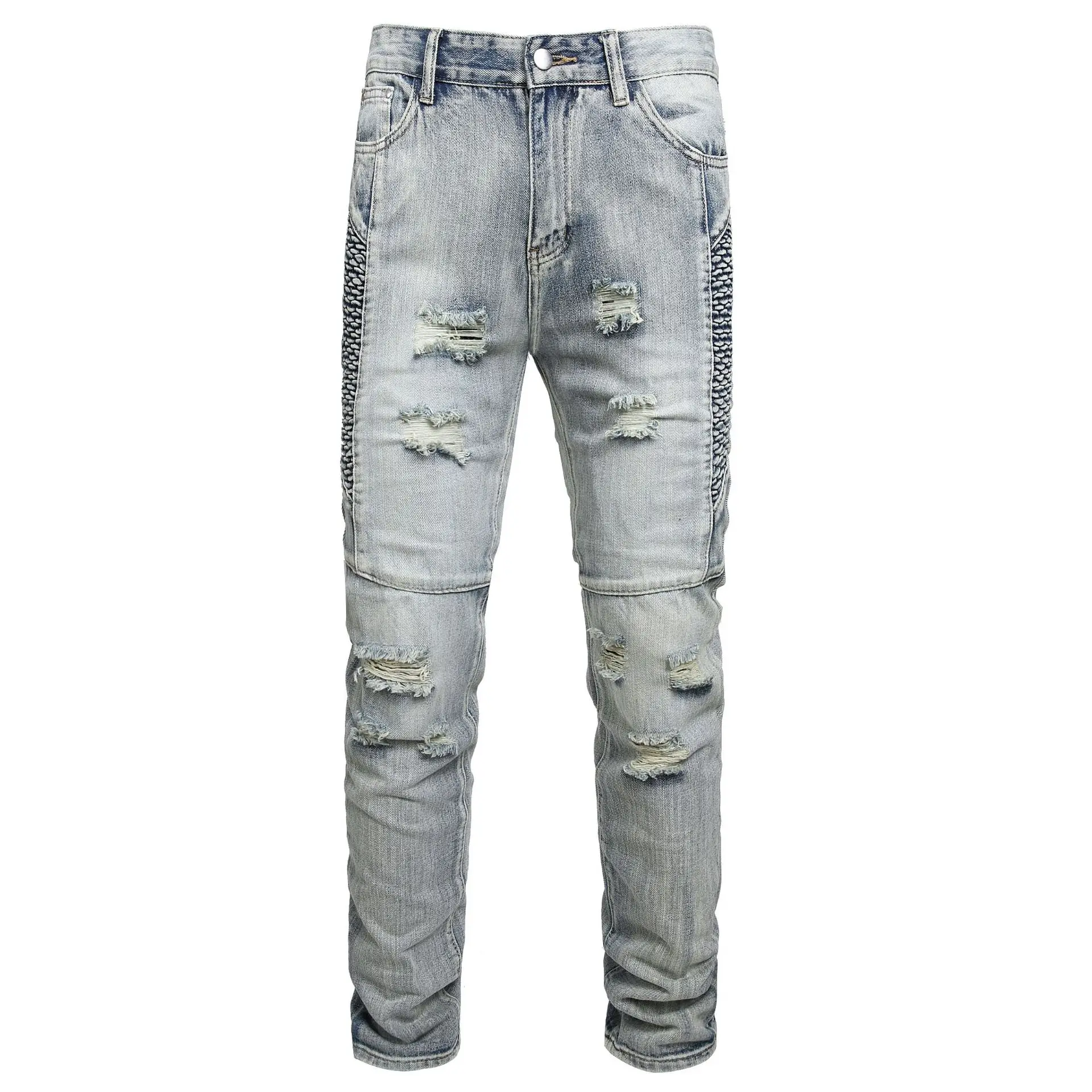 2024 New American-style Biker Jeans for Men, Featuring Knee Rip Details and Embroidered Designs, with A Slim-fit Tapered Cut.