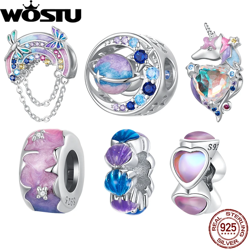 WOSTU 925 Sterling Silver Unicorn Rainbow Charm Dreamlike Planet Milky Way Bead for Women Fit Bracelet & Necklace Jewelry Gift