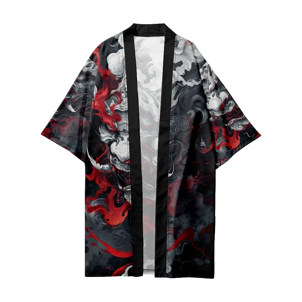 Japanese Streetwear Demon Print Fashion Long Cardigan Men Women Beach Kimono Summer Black Haori Yukata Harajuku Tops