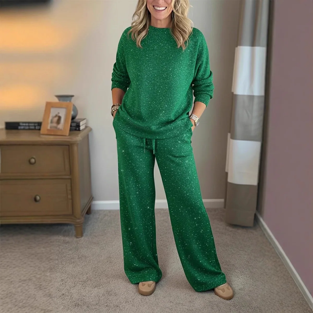 Conjunto Deportivo Mujer Spring Autumn Outdoor Elegant Suit Womens Round Neck Long Sleeve Sweater Drawstring Pants Two-piece Set