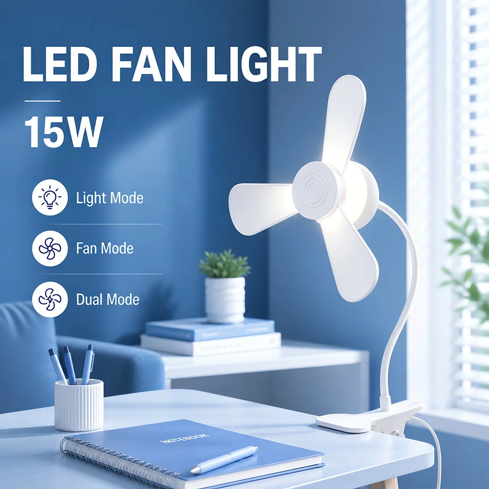 15W Clip on Fan Lamp LED Night Light Rotation Portable Mini Clip-on Fan 3 Speeds Quiet Cooling Dorm Bed Desktop Lamp