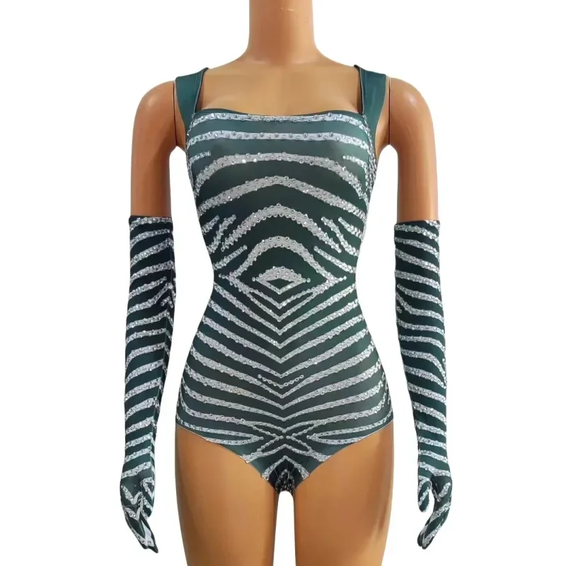 

Stripes Bodysuit Crystal Gloves Sparkly Tight Dance Outfit Sexy Performance Ballroom Costume Nightclub Singer Dancer Stage Wear