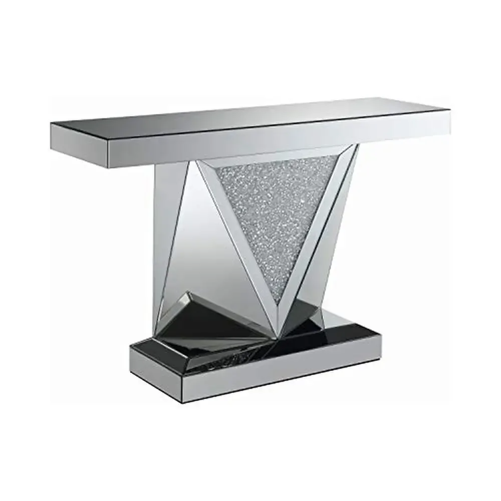 Contemporary Triangle Design Console Table Crystal Accents Mirror Finish