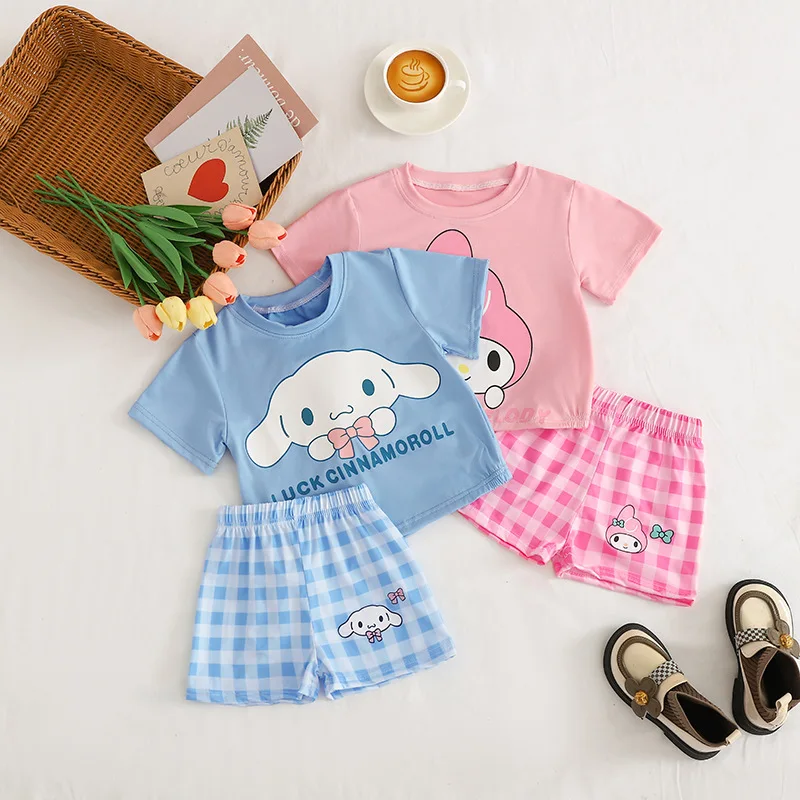 Children's Pajamas Set Hello Kitty Sanrio Anime Kuromi New Kawaii Baby Girl Summer Comfortable Short-Sleeved Plaid Clothing Gift