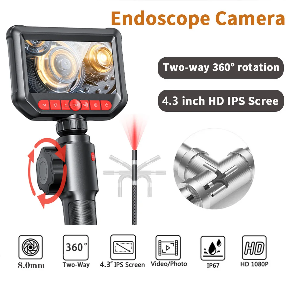 8.0mm Two-Way Rotary 360° Industrial Piping Endoscope Camera Borescope Inspection with 4.3 Inch IPS Screen for Android IOS Phone