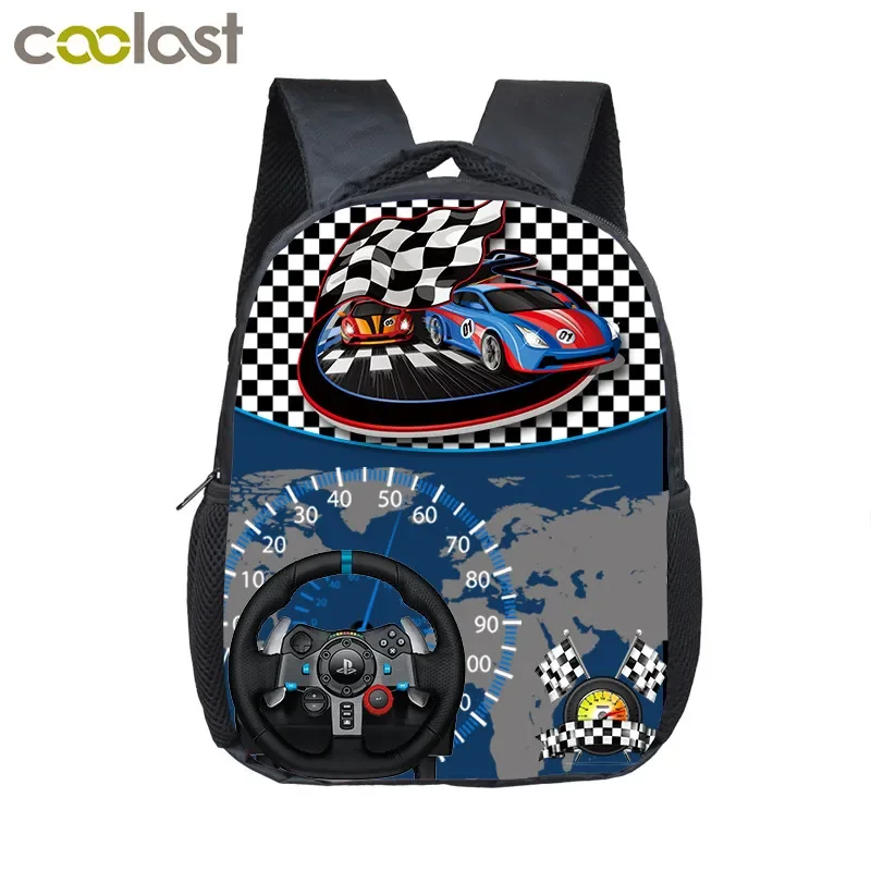 Sac à dos de course pour enfants, petits sacs d\'école de voiture 12 pouces, sac à dos de dessin animé pour garçons et filles, sac à livres pour