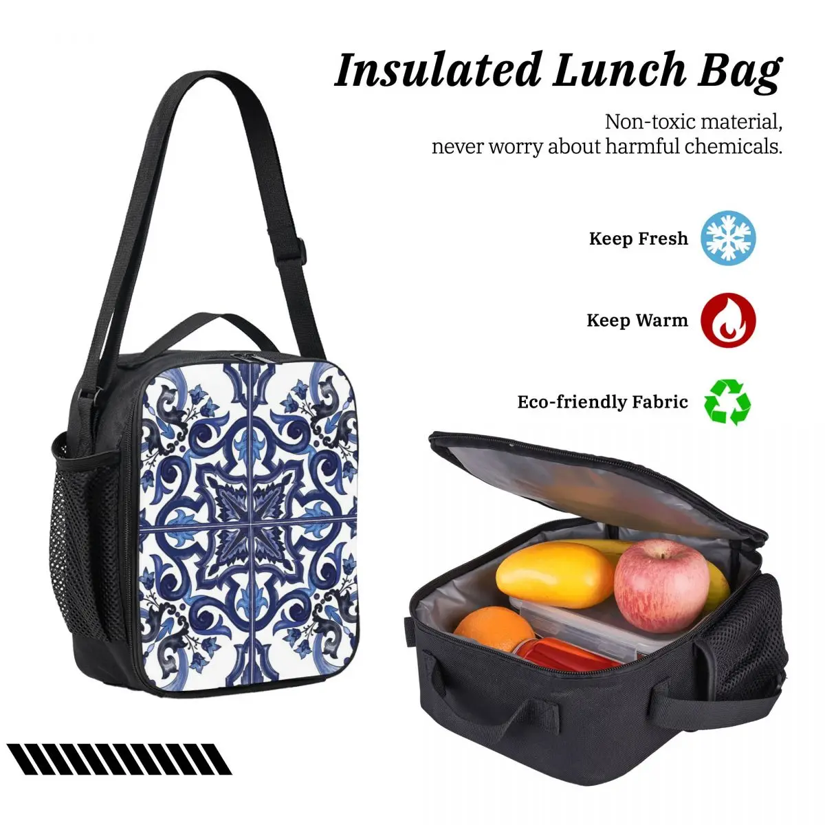 Zaino blu ornato floreale mediterraneo con piastrelle siciliane, borsa per libri, borsa da scuola, borse a tracolla, borsa per il pranzo isolata in 3 pezzi, astuccio