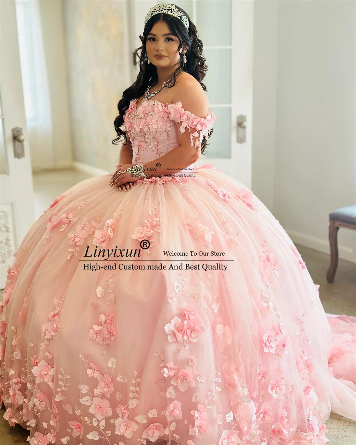 Vestido De baile De encaje rosa, quinceañera, apliques De flores, cuentas, dulce 15, corsé De princesa, mascarada, 15 Años