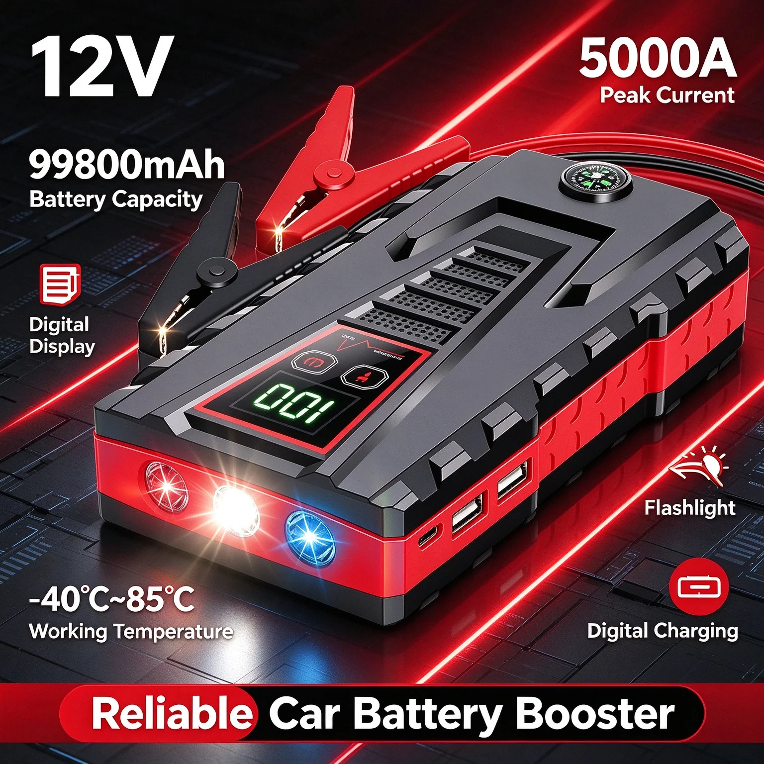 12v Automotive External Battery Charger 99800mAh Portable Jump Starter Tire Air Pump Power Bank Starting for Car Air Compressor