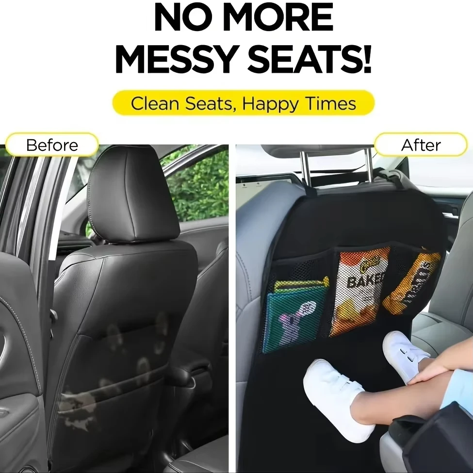 غطاء مقعد أسود للأطفال مع منظم تخزين 3 جيوب، واقي المقعد الخلفي المقاوم للماء، واقيات ظهر لمقعد السيارة