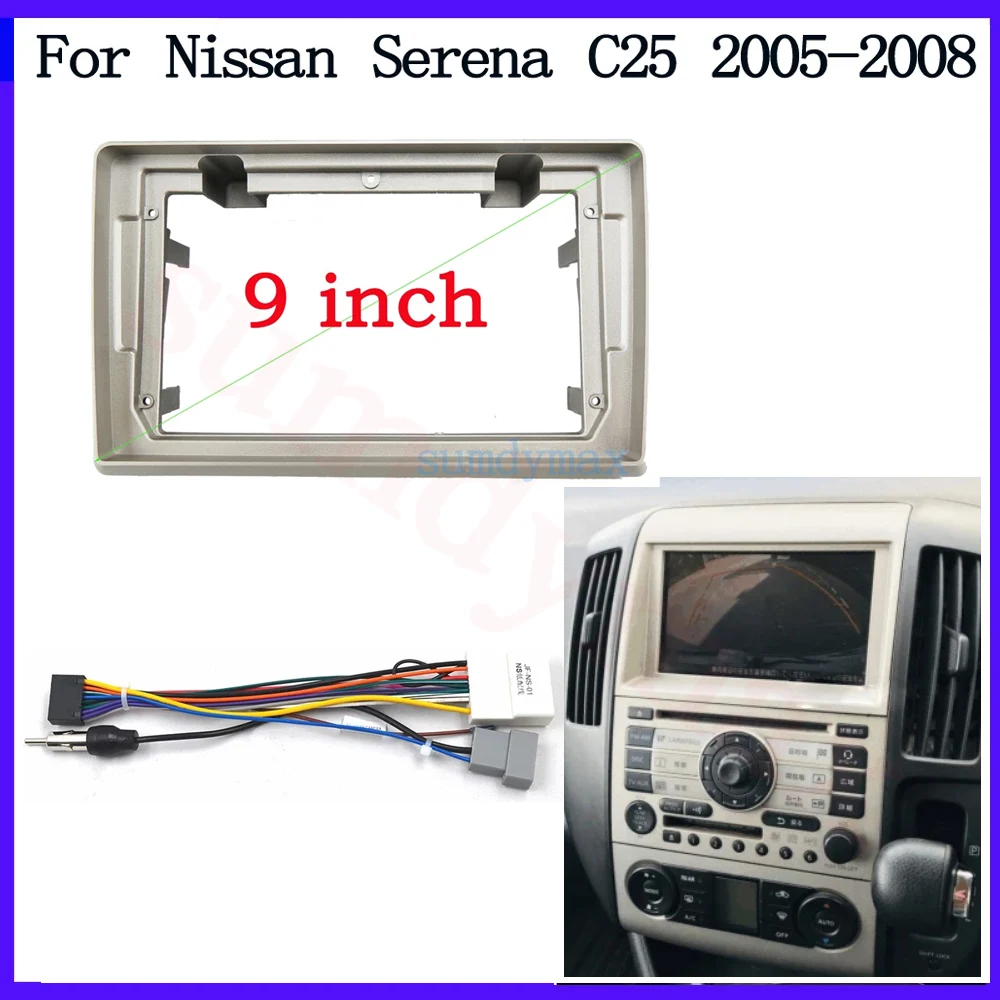 Car Dashboard DVD 9 Inch 2Din Audio Fascia Trim Panel for Serena C25 2005-2009 Android Player Navigation Frame