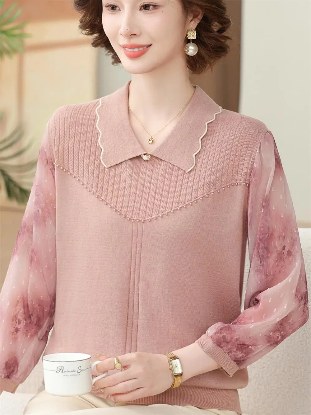 

Новая тонкая вязаная футболка для весны и лета, базовая модель для среднего и старшего возраста с рукавом три четверти