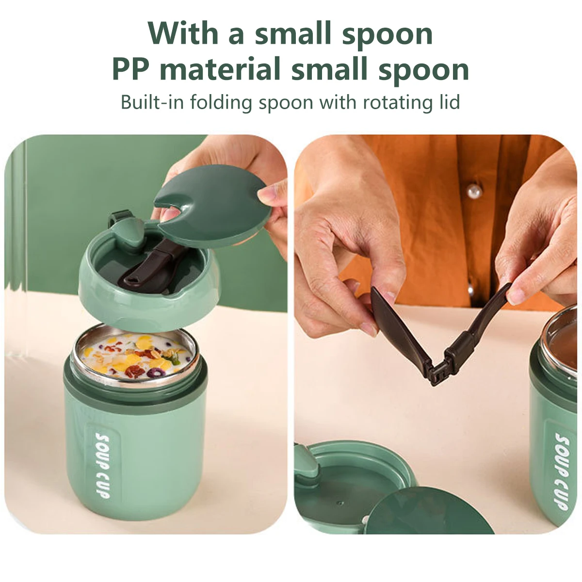 480ml Lunch Flask Stainless Steel Thermos Cup With Foldable Spoon Portable Food Flask Leak Proof Soup Flask For Kids Adult